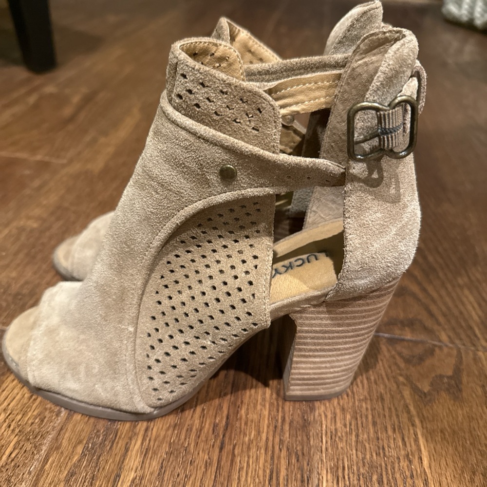 Taupe Suede Peep-Toe Ankle Boots